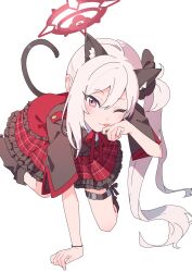 Rule 34 | 1girl, 51likes, absurdres, animal ear fluff, animal ears, black scrunchie, blue archive, boots, cat day, cat ears, cat tail, frilled skirt, frills, grey hair, hair ornament, hair scrunchie, halo, highres, long hair, mutsuki (blue archive), neck ribbon, plaid, plaid skirt, pony (animal), purple eyes, red ribbon, red skirt, ribbon, scrunchie, side ponytail, simple background, skirt, solo, tail, thigh strap, white background, wide sleeves