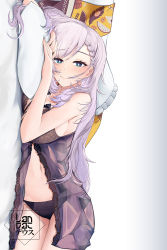Rule 34 | 1girl, bed, black panties, blue eyes, blush, braid, breasts, french braid, grey hair, highres, hololive, hololive indonesia, landacdeus, large breasts, long hair, looking at viewer, lying, midriff, navel, nightgown, on side, panties, pavolia reine, pillow, sleepwear, smile, solo, stomach, underwear, virtual youtuber