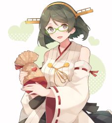 Rule 34 | 1girl, black hair, black skirt, blue eyes, breasts, detached sleeves, frilled skirt, frills, gift, glasses, green-framed eyewear, headgear, heart, holding, holding gift, japanese clothes, kantai collection, kirishima (kancolle), long sleeves, nontraditional miko, open mouth, ribbon-trimmed sleeves, ribbon trim, shakemi (sake mgmgmg), simple background, skirt, solo, two-tone background, upper body, wide sleeves