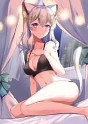 Rule 34 | 1girl, absurdres, animal ear fluff, animal ears, bare legs, bare shoulders, bed, bed sheet, black bra, black panties, bra, breasts, cat tail, chan&#039;nu, chan&#039;nu (vtuber), cleavage, closed mouth, collarbone, commentary request, curtains, grey eyes, hair between eyes, hand on own chest, highres, looking at viewer, medium breasts, night, on bed, original, panties, silver hair, sitting, solo, string lights, tail, underwear, underwear only, virtual youtuber, window