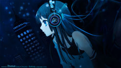 Rule 34 | 1girl, akiyama mio, asymmetrical sleeves, black eyes, black hair, blue theme, blush, building, cable, dated, eyelashes, from side, headphones, highres, ito noizi, k-on!, long hair, solo, uneven sleeves, very long hair