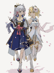 Rule 34 | 2girls, absurdres, arm guards, armor, armored dress, ayaka (genshin impact), blonde hair, blunt bangs, blush, boots, breasts, cherry blossoms, choker, cleavage, closed mouth, collarbone, detached sleeves, dress, fox mask, full body, gauntlets, genshin impact, grey eyes, grey hair, hair ribbon, hair tubes, highres, holding hands, japanese clothes, kurattes, long hair, looking at another, looking to the side, lumine (genshin impact), mask, mask on head, medium breasts, multiple girls, open mouth, petals, pink ribbon, ponytail, ribbon, sandals, scarf, short hair with long locks, sidelocks, simple background, socks, talking, thigh boots, thighhighs, tress ribbon, white dress, white scarf, white socks, yellow eyes, yuri