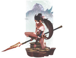 Rule 34 | 1boy, 1girl, animal ears, ankle wrap, armor, barefoot, braid, breasts, brown eyes, brown hair, cabalfan, cabalpz, cleavage, highres, league of legends, long hair, nidalee, on one knee, polearm, ponytail, projected inset, rengar, small breasts, solo focus, spear, spikes, tribal, weapon, white hair
