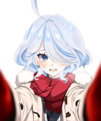 Rule 34 | 1girl, ahoge, blue eyes, blue hair, blush, coat, fur-trimmed coat, fur trim, furina (genshin impact), furrowed brow, genshin impact, gloves, hair over one eye, highres, light blue hair, looking at viewer, m m hitugi, meme, multicolored hair, open mouth, pov cheek warming (meme), red gloves, red scarf, scarf, simple background, solo, streaked hair, sweatdrop, teeth, two-tone hair, upper body, upper teeth only, white background