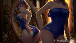 Rule 34 | 1girl, ass, blue eyes, blue one-piece swimsuit, breasts, brown eyes, clothes pull, indoors, looking at viewer, mwwhxl, one-piece swimsuit, one-piece swimsuit pull, original, photoshop (medium), school swimsuit, short hair, solo, swimsuit