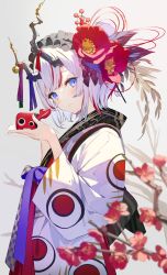 Rule 34 | 1girl, blue eyes, blue ribbon, blunt bangs, blurry, blurry foreground, blush, branch, cherry blossoms, chinese zodiac, closed mouth, commentary request, depth of field, flower, from side, grey background, hair flower, hair ornament, hairband, hands up, highres, holding, horn bell, horn ornament, horn ribbon, horns, japanese clothes, kimono, long sleeves, looking at viewer, looking to the side, multicolored hair, original, patterned clothing, purple ribbon, red flower, red hair, red ribbon, ribbon, short hair, simple background, smile, solo, streaked hair, sutorora, tagme, two-tone hair, white hair, white headwear, white kimono, wide sleeves, year of the ox