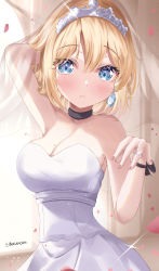 Rule 34 | 1girl, absurdres, arm behind head, bare shoulders, blonde hair, blue eyes, blush, breasts, bridal veil, choker, cleavage, closed mouth, collarbone, diffraction spikes, dress, earrings, hair between eyes, hand up, highres, hololive, hololive english, jewelry, large breasts, looking at viewer, medium hair, mole, mole on breast, nail polish, pink nails, ribbon, ring, rokusketch, solo, strapless, strapless dress, tiara, twitter username, upper body, veil, virtual youtuber, watson amelia, wedding dress, white dress, wrist ribbon