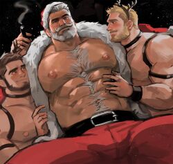 Rule 34 | abs, antlers, arm hair, bara, bare pectorals, beard, blonde hair, blush, boy sandwich, chest hair, christmas, cigar, dopey (dopq), facial hair, feeling muscles, from below, full beard, hairy, hand on another&#039;s stomach, highres, horns, large pectorals, male focus, mature male, muscular, muscular male, navel, navel hair, nipples, original, pectorals, reindeer antlers, sandwiched, santa claus, santa costume, short hair, smoke, solo focus, spread legs, strongman waist, thick beard, thick chest hair, thick eyebrows, thick thighs, thighs, wavy mouth, yaoi