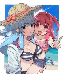 Rule 34 | 2girls, aged down, alternate costume, alternate eye color, beach, bikini, black eyes, blue hair, blue sky, blunt bangs, blush, border, breasts, carrying, carrying person, closed mouth, collarbone, commentary, contrail, english commentary, expressionless, frilled bikini, frills, front-tie top, grey hoodie, hair intakes, hat, highres, hood, hoodie, jacket, jacket over swimsuit, kotonoha akane, kotonoha aoi, large breasts, long hair, long sleeves, looking at viewer, mismatched bikini, mixed-language commentary, multiple girls, ocean, one side up, open clothes, open hoodie, open mouth, outstretched hand, pink hair, pink hoodie, quilted clothes, raised eyebrows, red eyes, sidelocks, sky, smile, straw hat, striped bikini, striped clothes, summer, swimsuit, thick eyebrows, toriniku29, two-tone hoodie, v, voiceroid, waves, white border