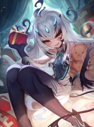 Rule 34 | 1girl, bare shoulders, black claws, black hair, body markings, breasts, curly hair, dragon girl, fate/grand order, fate (series), forked eyebrows, gift, gradient hair, hair ornament, holding, holding gift, long hair, looking at viewer, m0 chi, melusine (fate), melusine (third ascension) (fate), multicolored hair, red ribbon, revealing clothes, ribbon, sideboob, sidelocks, small breasts, solo, tail, thighs, white hair, yellow eyes