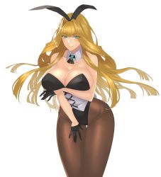 Rule 34 | 1girl, animal ears, bare shoulders, black gloves, black pantyhose, blonde hair, blue eyes, breasts, cleavage, corset, damegane, detached collar, fake animal ears, gloves, highres, large breasts, leotard, long hair, looking at viewer, md5 mismatch, original, pantyhose, playboy bunny, rabbit ears, resized, resolution mismatch, simple background, smile, solo, source larger, victoria (damegane), white background