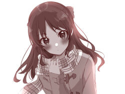 Rule 34 | 1girl, blush, bow, checkered clothes, checkered scarf, closed mouth, coat, dot nose, hair bow, hand up, highres, idolmaster, idolmaster cinderella girls, long hair, long sleeves, looking at viewer, monochrome, scarf, sidelocks, solo, tachibana arisu, tottoto tomekichi, upper body, white background