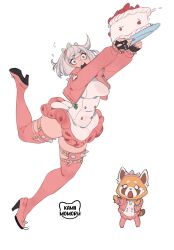Rule 34 | 2girls, aggressive retsuko, animal ears, artist logo, blue eyes, boots, breasts, brown fur, cake, commentary, cosplay, cropped jacket, dress, elphelt valentine, elphelt valentine (cosplay), english commentary, falling, food, frilled dress, frills, furry, furry female, guilty gear, guilty gear strive, hairband, high heel boots, high heels, highres, holding, holding cake, holding food, jacket, kamii momoru, looking at another, medium breasts, multiple girls, open mouth, panda girl, pink footwear, pink hairband, pink jacket, red panda, red panda ears, red panda tail, retsuko, short hair, simple background, spiked headband, thigh boots, two-tone dress, white background, white dress