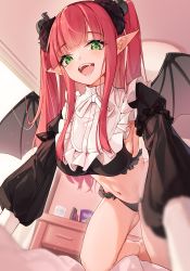 Rule 34 | 1girl, absurdres, all fours, black horns, black panties, black wings, blunt bangs, blush, breasts, cosplay, demon girl, demon horns, demon tail, demon wings, fake horns, fake wings, fangs, frilled panties, frilled shirt, frills, green eyes, hanging breasts, highres, horns, kitagawa marin, large breasts, long hair, long pointy ears, long sleeves, looking at viewer, navel, open mouth, panties, pointy ears, puffy sleeves, qianze chia, red hair, revealing clothes, rizu-kyun, shirt, sidelocks, smile, solo, sono bisque doll wa koi wo suru, tail, two side up, underwear, wings