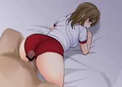 Rule 34 | ass, bed, blush, breasts, brown eyes, brown hair, buttjob, buttjob over clothes, censored, crying, crying with eyes open, fat, fat man, grinding, gym uniform, highres, hino minato (spec.c), kunikida hanamaru, large breasts, love live!, love live! sunshine!!, penis, sex, sex from behind, tears, thick thighs, thighs