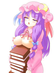 Rule 34 | 1girl, bad id, bad pixiv id, book, bow, breast rest, breasts, carried breast rest, carrying, crescent, crescent moon, female focus, hair bow, hat, long hair, moon, multiple hair bows, patchouli knowledge, purple hair, shiihaku, solo, touhou