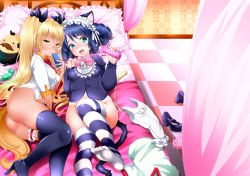 Rule 34 | 10s, 2girls, animal ears, bed, bell, black legwear, blonde hair, blush, boots, bottomless, breasts, bridal garter, canopy bed, cat ears, cat tail, cat teaser, cellphone, checkered floor, curly hair, cyan (show by rock!!), dildo, fang, feet, glasses, hair ribbon, high heel boots, high heels, jingle bell, long hair, looking at viewer, mojarin (kihara mojarin), multiple girls, navel, necktie, no panties, no pants, open mouth, phone, pillow, retoree (show by rock!!), ribbon, sex toy, show by rock!!, small breasts, smile, striped clothes, striped legwear, striped thighhighs, tail, thigh boots, thighhighs, toes, twintails, very long hair, yellow eyes