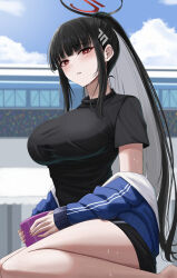 Rule 34 | 1girl, absurdres, barefoot, black hair, black shirt, blue archive, blue jacket, blush, breasts, bright pupils, commentary request, day, halo, highres, holding, jacket, kneeling, large breasts, long hair, long sleeves, looking at viewer, outdoors, parted lips, ponytail, red eyes, rio (blue archive), shirt, short sleeves, sidelocks, solo, sweat, thighs, white pupils, yamikyon