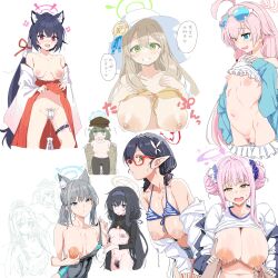 Rule 34 | 6+girls, :o, absurdres, ahoge, animal ear fluff, animal ears, ayane (blue archive), ayane (swimsuit) (blue archive), bare shoulders, bikini, bikini bottom pull, bikini top lift, black hair, black one-piece swimsuit, blue archive, blue eyes, blue halo, blue shorts, blush, breasts, bright pupils, clearite, clothes lift, collaboration, collarbone, competition swimsuit, cross hair ornament, dice choco, doodle sensei (blue archive), double bun, eyewear on head, female pubic hair, flower, grabbing, grabbing another&#039;s breast, grey hair, gym shirt, hair bun, hair flower, hair ornament, hairband, halo, hanging breasts, hetero, heterochromia, highres, hoshino (blue archive), hoshino (swimsuit) (blue archive), inverted nipples, jacket, lactation, large areolae, large breasts, long hair, long sleeves, looking at viewer, medium breasts, mika (blue archive), mismatched pupils, multiple girls, navel, nipples, nonomi (blue archive), nonomi (swimsuit) (blue archive), off-shoulder one-piece swimsuit, off shoulder, official alternate costume, one-piece swimsuit, open clothes, open jacket, open mouth, pink hair, pink halo, pink pubic hair, pointy ears, pubic hair, puffy nipples, pussy, red-framed eyewear, red halo, ribs, sensei (blue archive), serika (blue archive), serika (new year) (blue archive), shiroko (blue archive), shiroko (swimsuit) (blue archive), shirt, short hair, shorts, sidelocks, simple background, small breasts, stomach, striped bikini, striped clothes, sunglasses, swimsuit, ui (blue archive), white background, white bikini, white flower, white jacket, white pupils, white shirt, yakumo (blue archive), yellow eyes