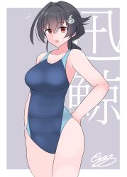 Rule 34 | 1girl, absurdres, arm behind back, black hair, blush, border, breasts, character name, cleavage, competition swimsuit, cowboy shot, female focus, grey background, hair between eyes, hair flaps, hair ornament, hand on own hip, highres, jingei (kancolle), kantai collection, large breasts, long hair, looking at viewer, low ponytail, noruren, one-piece swimsuit, open mouth, red eyes, signature, solo, swimsuit, whale hair ornament, white border