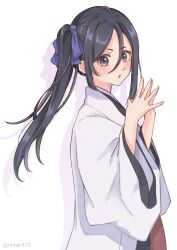 Rule 34 | 1girl, absurdres, aged up, black kimono, bleach, bleach: epilogue, blue ribbon, blush, commentary request, double-parted bangs, drop shadow, eyelashes, from side, hair between eyes, hair ribbon, hands up, highres, japanese clothes, kimono, kuchiki rukia, long hair, long sleeves, looking at viewer, parted lips, purple eyes, ribbon, rinner373, short eyebrows, side ponytail, simple background, solo, spoilers, steepled fingers, straight hair, upper body, white background, white kimono, wide sleeves