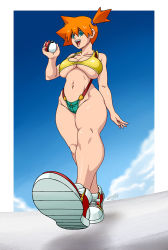 Rule 34 | 1girl, asymmetrical hair, breasts, creatures (company), game freak, gen 1 pokemon, green eyes, holding, holding poke ball, large breasts, looking at viewer, midriff, misty (pokemon), navel, nintendo, open mouth, orange hair, poke ball, pokemon, pokemon (anime), pokemon (classic anime), ponytail, revealing clothes, shirt, short hair, shorts, side ponytail, sleeveless, sleeveless shirt, smile, solo, standing, suspenders, thighs, underboob, vlaimk