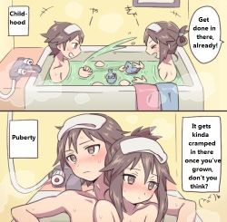 Rule 34 | 1boy, 1girl, 2koma, artist request, bath, bathing, blush, brother and sister, brown eyes, brown hair, comic, creatures (company), ducklett, game freak, gen 5 pokemon, green (pokemon), grin, hard-translated, lowres, mixed-sex bathing, nintendo, nude, partially submerged, pokemon, pokemon (creature), pokemon frlg, red (pokemon), shared bathing, siblings, sitting, smile, steam, text focus, third-party edit, towel, translated, water