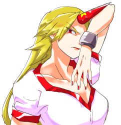 Rule 34 | 1girl, arm up, blonde hair, breasts, chain, chamaruk, face, female focus, fingernails, horns, hoshiguma yuugi, large breasts, long hair, nail polish, red eyes, red nails, simple background, single horn, solo, touhou, white background