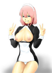 Rule 34 | 1girl, blue eyes, blush, borrowed character, breasts, breasts out, collar, dress, female focus, grin, highres, large areolae, legs together, looking at viewer, maid headdress, nipples, panties, pantyshot, pink hair, sherpa (pixiv2677592), simple background, sitting, smile, solo, takagi (tansuke), unbuttoned, underwear, v, white panties