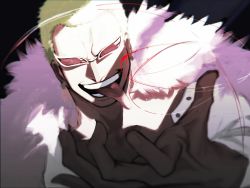 Rule 34 | 1boy, absurdres, artist request, black background, blonde hair, devil fruit, donquixote doflamingo, earrings, evil smile, feather trim, grin, highres, jewelry, long tongue, looking at viewer, one piece, open clothes, open shirt, pectorals, short hair, simple background, smile, solo, string, sunglasses, tongue, tongue out, very short hair
