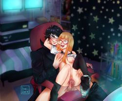 Rule 34 | 10s, 1boy, 1girl, 2017, absurdres, ahegao, amamiya ren, artist name, atlus, black hair, black thighhighs, blonde hair, breasts, chair, clothed sex, curtains, glasses, grin, happy sex, hetero, highres, indoors, long hair, office chair, orange hair, panties, panties around leg, persona, persona 5, pussy, sakura futaba, sex, shin megami tensei, short hair, small breasts, smile, star (symbol), star print, straddling, striped clothes, striped panties, swivel chair, testicles, thepiratebei, thighhighs, uncensored, underwear, upright straddle, vaginal