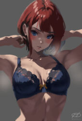 Rule 34 | 1girl, ark royal (kancolle), artist logo, blue bra, blue eyes, blunt bangs, bob cut, bra, commentary request, grey background, haruto (harut n), kantai collection, lips, looking at viewer, parted lips, red hair, short hair, solo, steaming body, underwear, upper body