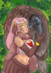 Rule 34 | 1girl, absurdres, animal, bare shoulders, bird, blonde hair, breasts, brown hair, brown skirt, cleavage, cropped shirt, day, earrings, elbow gloves, frwc2448, fur scarf, gloves, high ponytail, highres, jewelry, kemono friends, long hair, looking at viewer, medium breasts, midriff, miniskirt, multicolored hair, navel, north island giant moa (kemono friends), outdoors, parted lips, pleated skirt, scarf, shirt, sidelocks, skirt, sleeveless, sleeveless shirt, stomach, tan, upper body, very long hair, yellow eyes