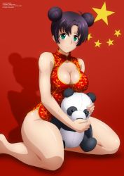 Rule 34 | 1girl, absurdres, aizhen wang, barefoot, black hair, blush, breasts, china dress, chinese clothes, cleavage, cleavage cutout, clothing cutout, collarbone, double bun, dress, green eyes, hair bun, highres, holding, killing bites, kneeling, large breasts, looking at viewer, people&#039;s republic of china flag, red background, red dress, sleeveless, sleeveless dress, smile, star (symbol), stuffed animal, stuffed panda, stuffed toy, zel-sama