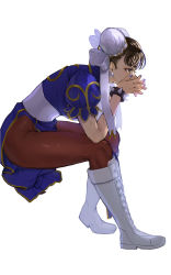 Rule 34 | 1girl, blue dress, bracelet, brown eyes, brown hair, brown pantyhose, capcom, china dress, chinese clothes, chun-li, cross-laced footwear, double bun, dress, earrings, hair bun, hair pulled back, hands on own cheeks, hands on own face, highres, hitsuji kusa, jewelry, looking away, pantyhose, puffy short sleeves, puffy sleeves, short sleeves, street fighter, street fighter ii (series), upper body