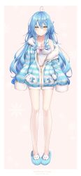 Rule 34 | 1girl, absurdres, ahoge, arms at sides, blue footwear, blue hair, blue jacket, breasts, camisole, character name, cleavage, closed mouth, company name, copyright notice, daifuku (yukihana lamy), full body, fur-trimmed jacket, fur trim, hair between eyes, heart, heart ahoge, highres, hololive, jacket, long hair, looking at viewer, medium breasts, off shoulder, official art, partially unzipped, polka dot, polka dot camisole, rin yuu, sleeves past fingers, sleeves past wrists, slippers, solo, striped clothes, striped jacket, virtual youtuber, white camisole, yellow eyes, yukihana lamy, yukihana lamy (loungewear), yukimin (yukihana lamy), zipper, zipper pull tab