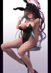 Rule 34 | 1girl, absurdres, animal ears, ass, bare arms, bare shoulders, black footwear, black hair, black leotard, black pantyhose, blue archive, blush, bow, bowtie, breasts, cleavage, covered navel, curvy, dark-skinned female, dark skin, detached collar, fake animal ears, fishnet pantyhose, fishnets, gloves, halo, high heels, highleg, highleg leotard, highres, huge ass, kangaruu (momotk1109), karin (blue archive), karin (bunny) (blue archive), large breasts, leotard, long hair, looking at viewer, number tattoo, official alternate costume, pantyhose, parted lips, playboy bunny, rabbit ears, shiny clothes, shiny skin, sitting, solo, strapless, strapless leotard, tattoo, thong leotard, traditional bowtie, very long hair, white gloves, wide hips, yellow eyes