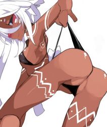 Rule 34 | 1girl, ass, breasts, dark skin, dark-skinned female, facial mark, female focus, from behind, hair between eyes, kimura akiyoshi, looking back, original, partially visible vulva, simple background, small breasts, smile, solo, uncensored, wedgie, white background, white hair