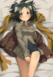 Rule 34 | 10s, 1girl, brave witches, buttons, clenched hand, green hair, hinokore, jacket, unworn jacket, kanno naoe, lying, military, military uniform, on back, one-piece swimsuit, scarf, school swimsuit, serious, solo, strike witches, swimsuit, swimsuit under clothes, uniform, world witches series