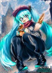 1girl aqua_hair aqua_nails artist_name baguette beret black_footwear blue_eyes blue_sky boots bread cathedral cloud cloudy_sky eating food france full_body hat hatsune_miku holding holding_food long_hair long_sleeves looking_at_viewer outdoors pretzel red_scarf scarf shirt sky solo squatting striped_clothes striped_shirt sweatdrop the_golden_smurf twintails very_long_hair vocaloid watermark web_address worldwide_miku