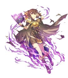 Rule 34 | 1girl, armor, book, boots, bow, bowtie, bracelet, brown hair, cape, delthea (fire emblem), dress, fire emblem, fire emblem echoes: shadows of valentia, fire emblem heroes, full body, glowing, highres, jewelry, long hair, mind control, nintendo, official art, red eyes, short dress, solo, torn cape, torn clothes, transparent background
