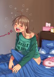 Rule 34 | 1futa, 2016, ahoge, bed, blanket, blouse, blush, breasts, brown hair, bulge, closed eyes, clothes writing, commentary, covered penis, dated, erection, erection under clothes, futanari, green shirt, kamiya midori, large breasts, long hair, morning wood, on bed, open mouth, original, pillow, shirt, sitting, sleepy, solo, twitching, waking up, yawning, zheng