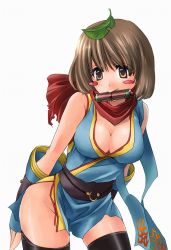 Rule 34 | 1girl, black sash, black thighhighs, blue kimono, blush stickers, breasts, brown eyes, brown hair, cleavage, commentary request, contrapposto, cowboy shot, crescent, hair between eyes, japanese clothes, kainohito, kimono, large breasts, leaf, leaf on head, looking at viewer, mouth hold, ninja, ninja (ragnarok online), no panties, obi, ragnarok online, red scarf, sash, scarf, scroll, short hair, simple background, sleeveless, sleeveless kimono, solo, thighhighs, white background