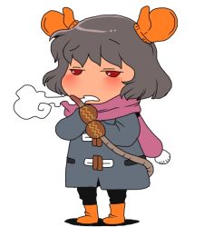 Rule 34 | 1girl, alternate costume, blowing, blush, boots, coat, ear gloves, female focus, gloves, grey eyes, mittens, nazrin, onikobe rin, open mouth, orange mittens, pants, red eyes, scarf, short hair, solo, standing, tail, tail grab, touhou, winter clothes