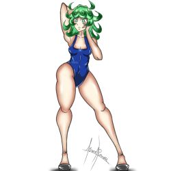 Rule 34 | 1girl, arms behind head, breasts, dilane93, female focus, green eyes, green hair, high heels, long legs, looking at viewer, one-piece swimsuit, one-punch man, petite, short hair, small breasts, solo, swimsuit, tatsumaki