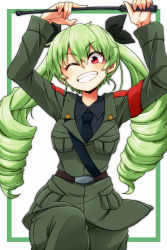 Rule 34 | 1girl, ;), anchovy (girls und panzer), anzio military uniform, aono3, arms up, belt, black belt, black necktie, black shirt, commentary, dress shirt, drill hair, girls und panzer, green background, green hair, grey jacket, grey pants, grin, highres, holding, jacket, leg up, long hair, long sleeves, looking at viewer, military, military uniform, necktie, one eye closed, outside border, pants, red eyes, riding crop, sam browne belt, shirt, smile, solo, standing, standing on one leg, twin drills, twintails, uniform, wing collar