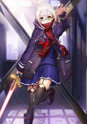 Rule 34 | 1girl, ahoge, arm up, artoria pendragon (all), artoria pendragon (fate), black thighhighs, blue shirt, blue skirt, bunbun, coat, duffel coat, excalibur (fate/stay night), fate/grand order, fate (series), garter straps, glasses, hair between eyes, holding, holding sword, holding weapon, hood, hooded coat, leg up, mysterious heroine x alter (fate), mysterious heroine x alter (first ascension) (fate), outdoors, pleated skirt, red scarf, saber (fate), scarf, scarf over mouth, shirt, short hair, silver hair, skirt, solo, standing, sword, thighhighs, weapon, yellow eyes, zettai ryouiki