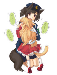 Rule 34 | 2girls, animal ears, blonde hair, brown hair, cat ears, cat tail, dress, fuwayu, hat, long hair, multiple girls, original, pixiv sample, police, ponytail, red eyes, resized, tail, tears, translation request, wolf ears, wolf tail, aged down