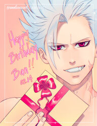 Rule 34 | 1boy, annlu vazzel, arms up, ban (nanatsu no taizai), box, facial scar, fang, gift, gift box, gradient hair, grey hair, grin, happy birthday, highres, holding, holding gift, looking at viewer, male focus, multicolored hair, nanatsu no taizai, nude, red eyes, scar, scar on cheek, scar on face, scar on neck, short hair, smile, spiked hair
