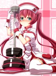 Rule 34 | 1girl, armband, blush, green eyes, heart, looking at viewer, mary skelter, mizunashi (second run), nurse, oyayubihime (mary skelter), pink hair, solo, syringe, thighhighs, twintails